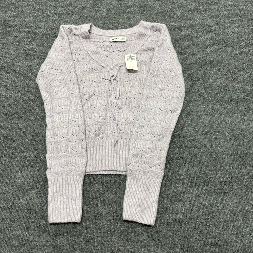 Hollister Sweater Womens Size S Lavender Pointelle Lace Up V-Neck Knit NEW